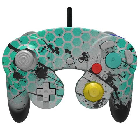 Custom Controller Nintendo Gamecube - Emerald Hex Splatter Teal Fade