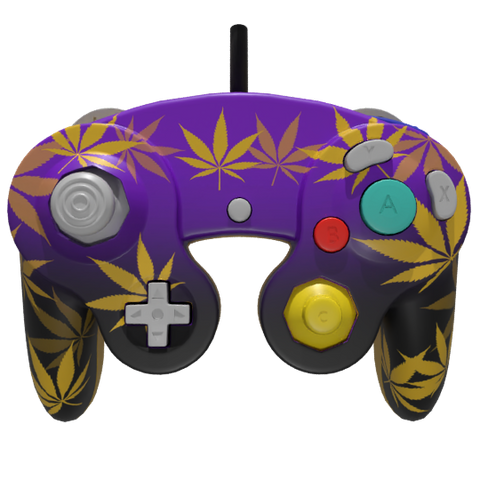 Custom Controller Nintendo Gamecube - Purple Kush Camo 420 Cannabis Leaf Gold