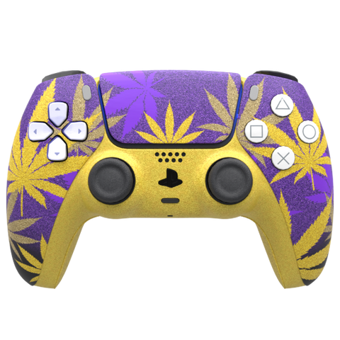 Custom Controller Sony Playstation 5 PS5 - Purple Kush Camo 420 Cannabis Leaf Gold
