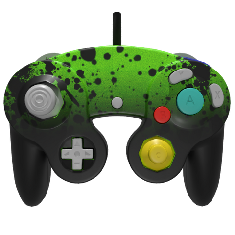 Custom Controller Nintendo Gamecube - Toxic Lime Fade Ombre Black Green Splatter