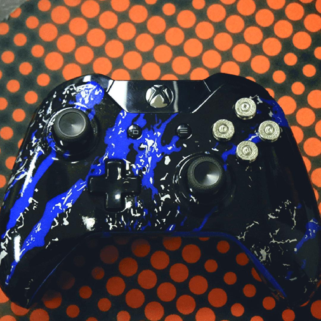 Custom Controller Microsoft Xbox One S - Blue Splatter Silver Black Bullet Buttons