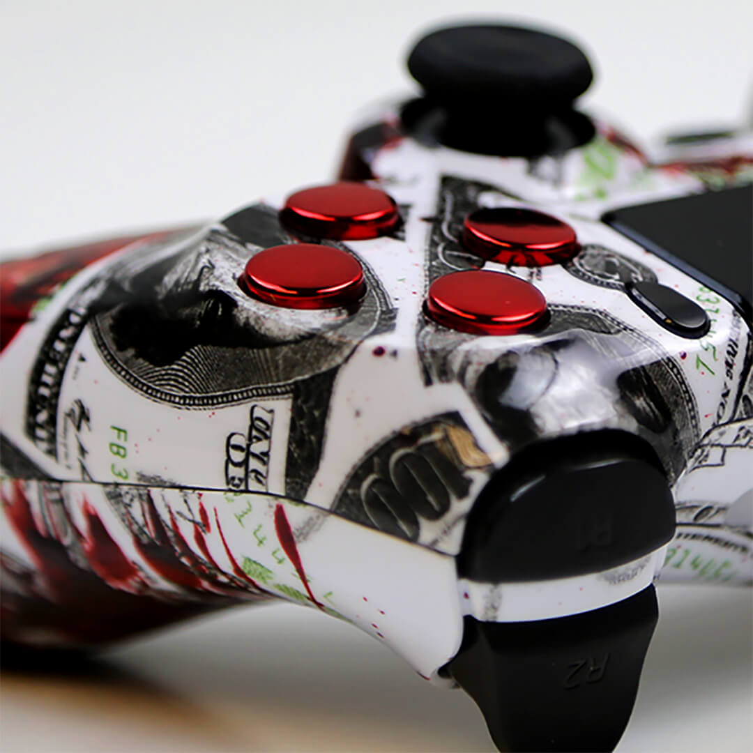 Custom Controller Sony Playstation 4 PS4 - Blood Money Chrome Red Button Splatter Dollars Ben Franklin Cash 